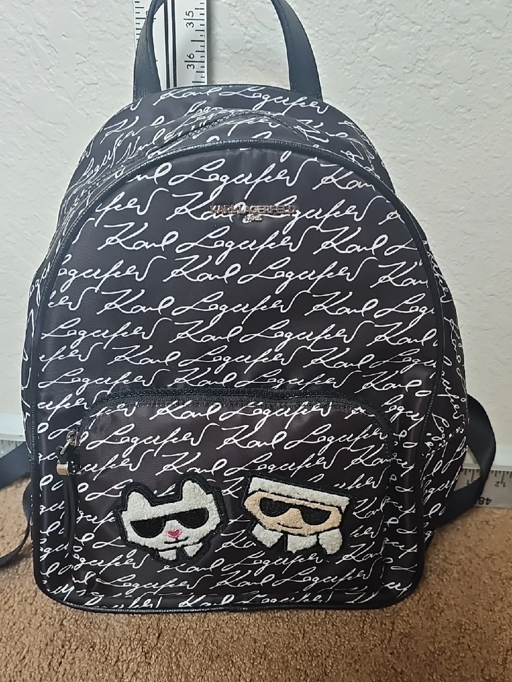 Karl Lagerfeld Black and White Script Mini Backpack with Character Patches